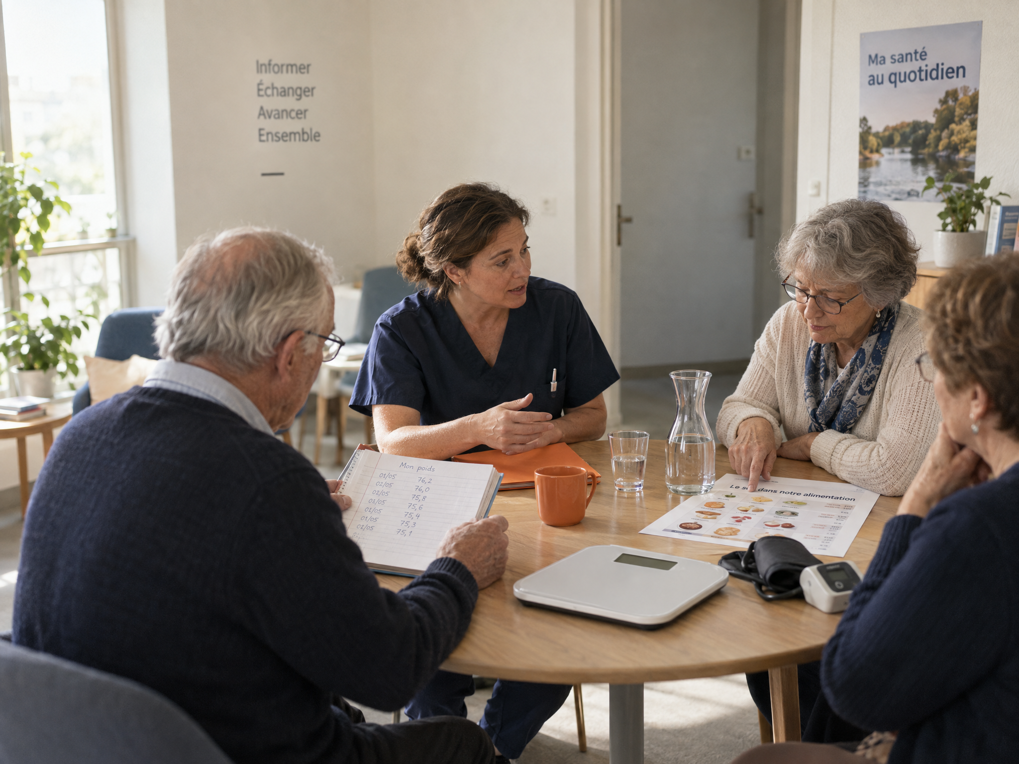 Une infirmière anime un atelier d’éducation thérapeutique avec trois patients âgés autour d’une table, un carnet de poids et une balance posés devant eux.